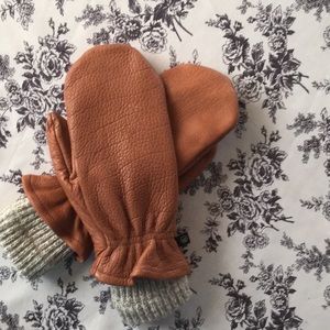 Bison leather & rag wool mittens. Sz Small